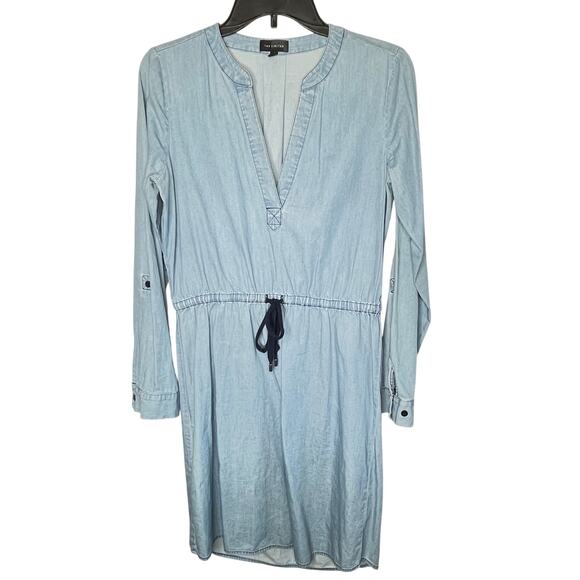 The Limited Blue Chambray Long Sleeve Jean Shift Mini Dress Size Small Tie Waist - Picture 1 of 10